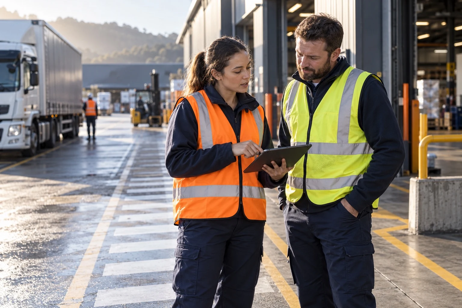 Illustrative workplace scene: two workers checking a tablet at a transport depot